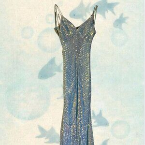 long baby blue, iridescent, sequined prom dress, size xs